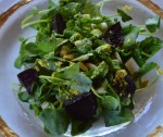 Watercress Salad with Garden Beets, Pin Nuts, Cattail Hearts & Cattail Pollen